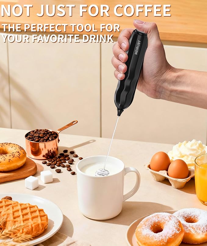 MEIRUBY 2-Pack Milk Frother Handheld with Stand, Valentines Day Gifts for Him and Her, Powerful Electric Coffee Frother, Coffee Lover Gift for Lattes, Cappuccino, Matcha & Hot Chocolate, Black/Pink