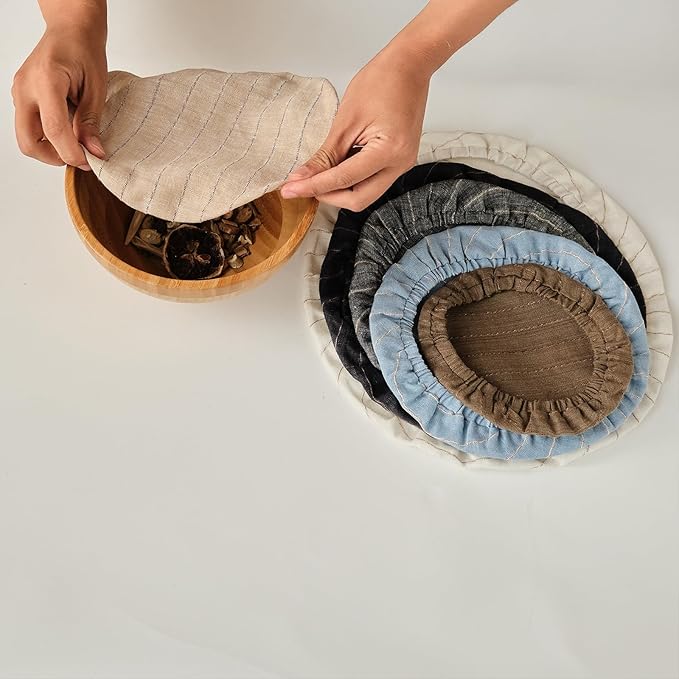 100% Pure Linen Bowl Covers For Bread Proofing, 4 Pcs Elastic Reusable Bowl Covers Large Ticking Striped Cloth Fabric Stretch Sourdough Lids, 6 * 8 * 10 * 12 Inches- Deep Blue