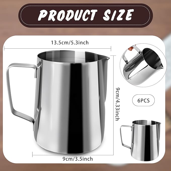 6 Pack Milk Frothing Pitcher Stainless Steel 20 oz Espresso Steaming Pitchers with Handle Milk Frother Cup for Kitchen Coffee Bar Latte Art Hot Chocolate