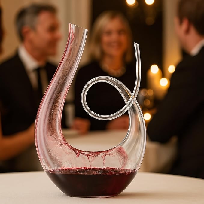 Art Series Swan Swirl Wine Decanter, Hand Blown, Lead-Free Glass with Wide Base for Aeration, + Cleaner Elegant U-Shaped Design with Spill-Reducing Spout – 33.8 oz – Modern Display for Red Wine Lovers