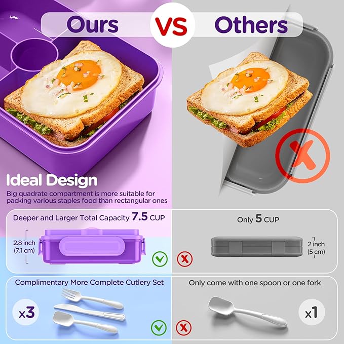 DaCool Lunch Box Kids Bento Box 7.5 Cups with 4-Compartment Leakproof BPA Free Toddler Girls Lunch Containers with Fork Spoon for Meal Snack School Picnic Travel, Microwave Dishwasher Safe, Purple