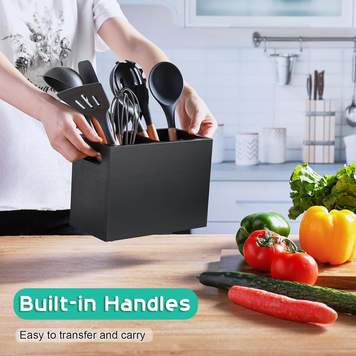 ALELION Black Utensil Holder for Kitchen Counter - 2 Compartment Large Utensil Caddy Organizer for Countertop - Kitchen Tool Holder for Spatula Ladles
