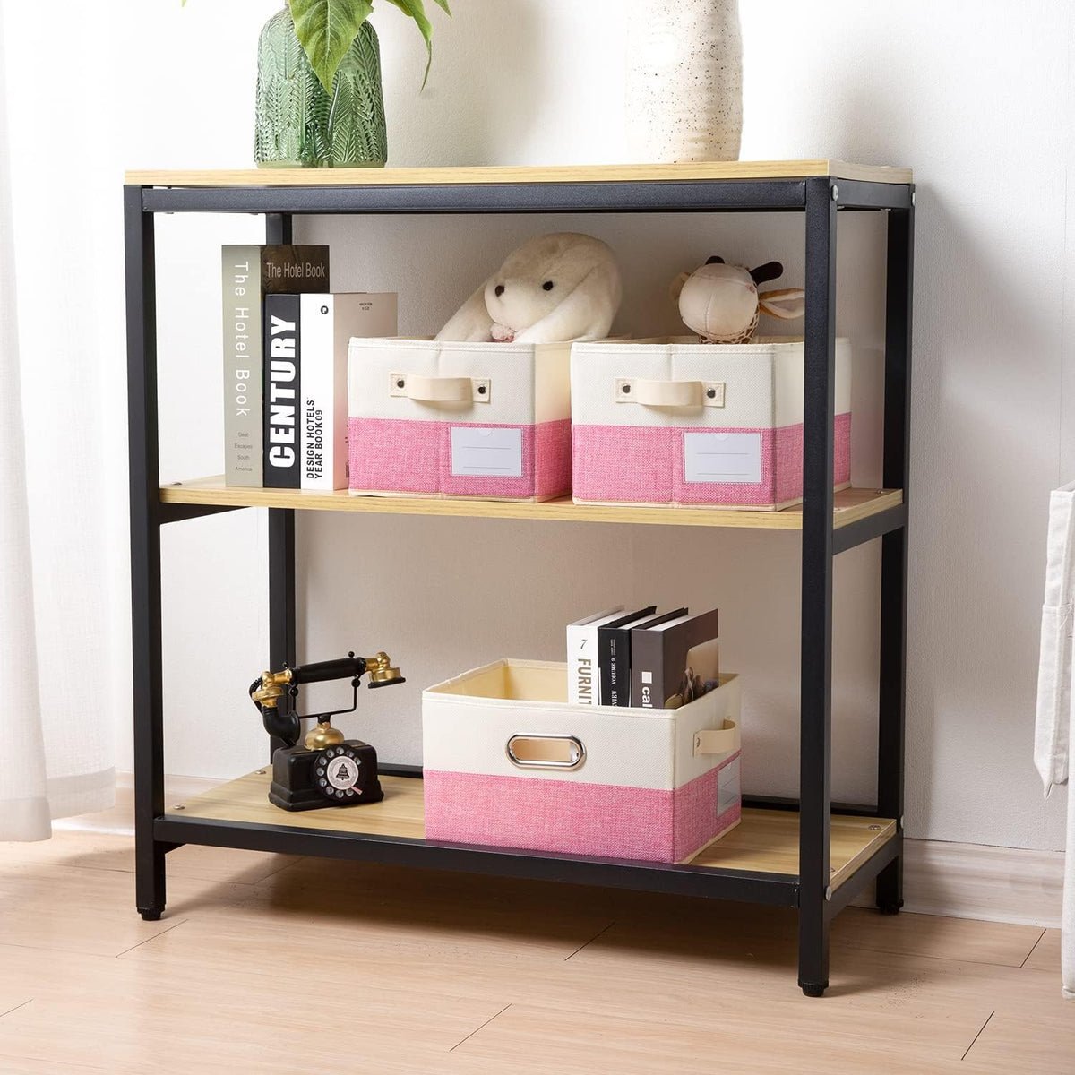 PRANDOM Fodable Storage Bins for Closet [3-Pack] Decorative Fabric Storage Baskets Cubes with Leather/Metal Handles for Shelves Bedroom Living Room Pink&Cream (11.5x8.5x6.7 Inch)