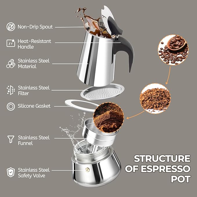 6 Cup 300ml Moka Pot Stainless Steel Espresso Coffee Maker Stovetop Coffeemaker Italian Classic Style Brewing Greca Cafe Mocha Machine for Cafeteras Lover Camping Travel and Home Use 10oz