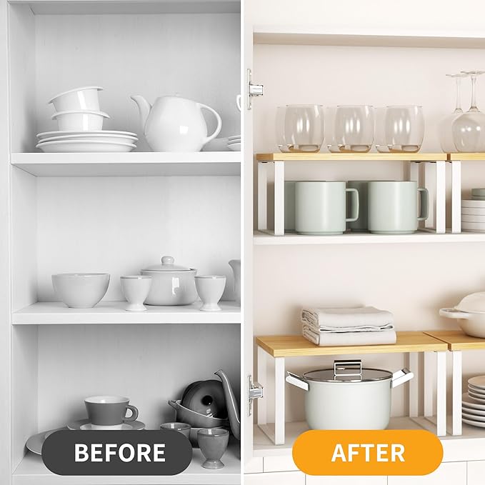 Kitchen Cabinet Organizer Shelf Set of 4, Sturdy Kitchen Counter Shelves with Metal Legs, Stackable Expandable Wood Spice Rack Pantry Cupboard Dish Mug Cup Storage Organizer Shelf,White+Bamboo