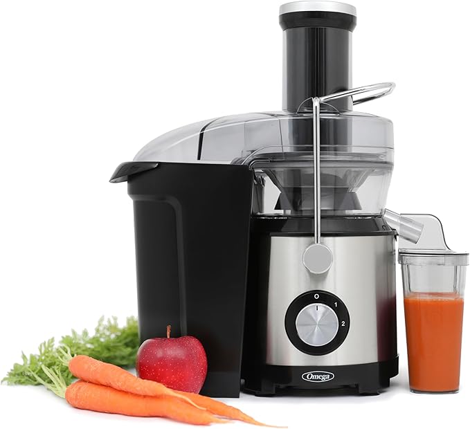 Omega Centrifugal Juicer with 3-Inch Wide Chute High Speed Extractor For Fruits and Vegetables, Features 2 Speeds Stainless Steel Filter and Large Pulp Container, 1000-Watts, Black