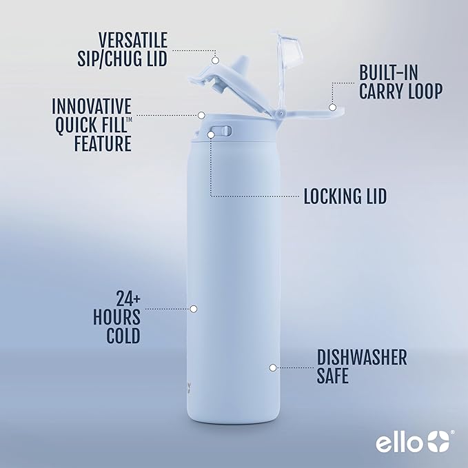 Ello Pop & Fill 32oz Stainless Steel Water Bottle with Quick Fill Technology, Double Walled and Vacuum Insulated Metal, Leak Proof Locking Lid, Sip and Chug, Reusable, BPA Free, Halogen Blue
