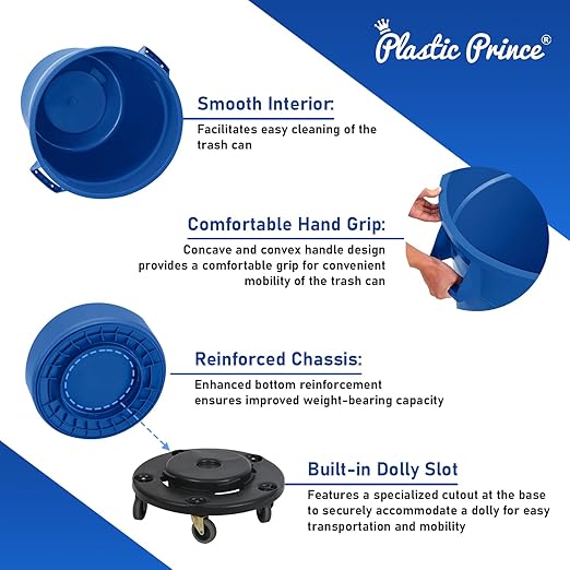 PLASTIC PRINCE 32 Gallon Round Trash Can Container Blue Plastic Commercial Garbage Bin for Home Garage Restaurants Warehouses