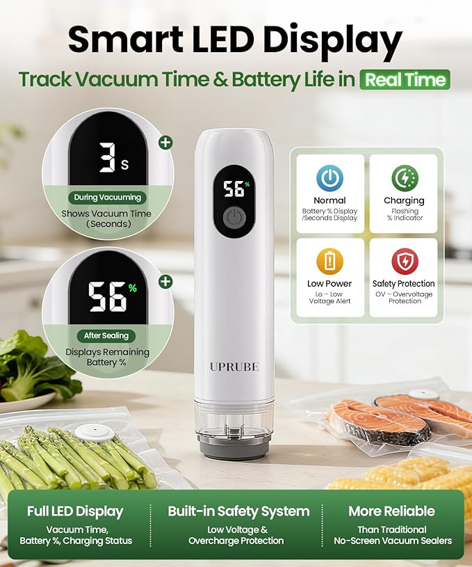 Compact Vacuum Sealer for Food (Vacuum Sealer Machine + 30 Reusable Vacuum Bags), Powerful Handheld Food Vacuum Sealer Machine with LED Display & Liquid Drainage Tube, Portable Food Sealer