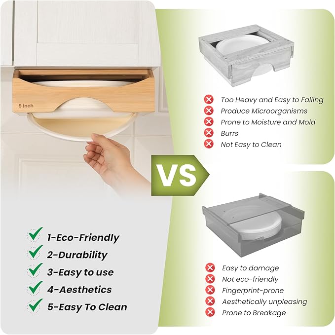 9-inch Paper Plate Dispenser Under Cabinet, Bamboo Paper Plate Holders, Kitchen Counter Vertical Plate Dispensers Holders Countertop Caddy(For 9-inch Plates, Bamboo)