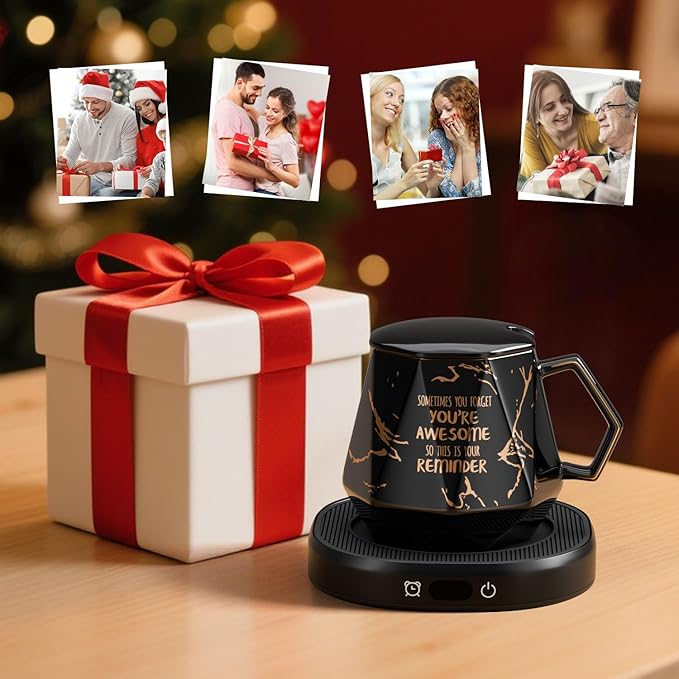 Coffee Mug Warmer & Awesome Mug Set, Smart Heated Electric Coffee Cup Warmer for Desk Office, 4 Temperature Control Tea Coffee Beverage Warmer, 8 Hours Auto Shut Off, Birthday Gifts for Women Man