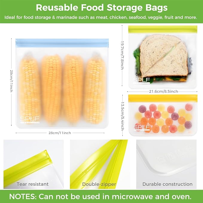 SPLF 12 Pack Dishwasher Safe Reusable Snack Bags, BPA Free Storage Bags, Extra Thick Leakproof Freezer Bags Silicone and Plastic Free Lunch Bags Food Storage
