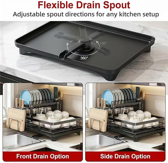 2 Tier Stainless Steel Dish Drying Rack with Auto-Draining Drainboard, Utensil Holder, Detachable & Space Saving Kitchen Counter Organizer, (Black),Chaos Coordinator Gifts