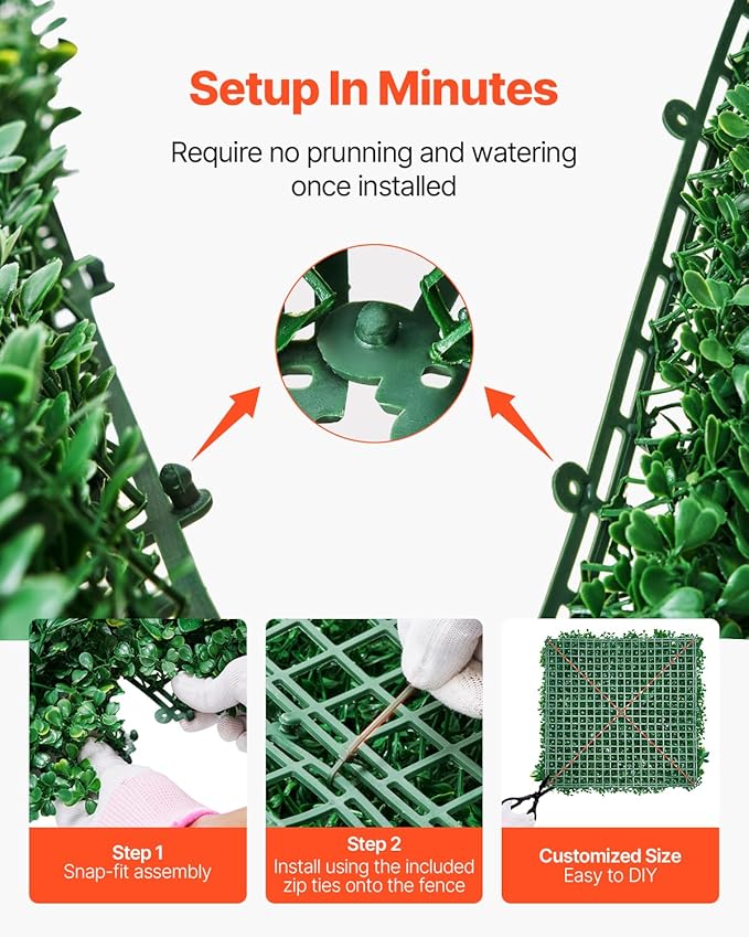 VEVOR Artificial Grass Wall Panels, 8 PCS 20 x 20 inch, 3D Combination Greenery Boxwood Panel for Indoor Outdoor Green Decor & Ivy Fence Covering, Privacy Backdrop Wall Hedge Screen for Garden