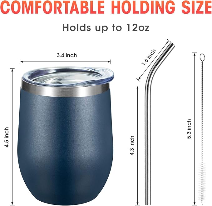 COMOOO Stainless Steel Navy Wine Tumbler Glass Bulk with Lid and Straw 12oz Double Wall Vacuum Insulated Travel Tumbler Cup Stemless for hot and Cold Drinks, Coffee, Wine, Cocktails 6 pack