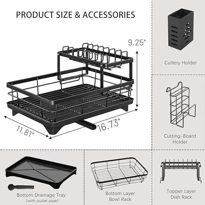 BCWW Drying Rack Dishes Stainless Steel Large Capacity 2-Tier Drying Rack Kitchen Counter Organizer with Cup Holder, Utensil & Cutting Board Storage, Space Saving (Black)