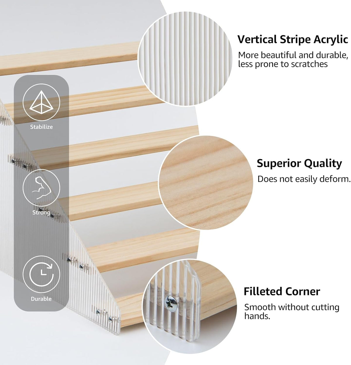 nianfeng Tiered Spice Rack, 6-Tier Spice Pantry Kitchen Cabinet Organizer, 19.9-Inch, Natural Wood Acrylic Stair Riser Stand, Countertop Seasoning Shelf