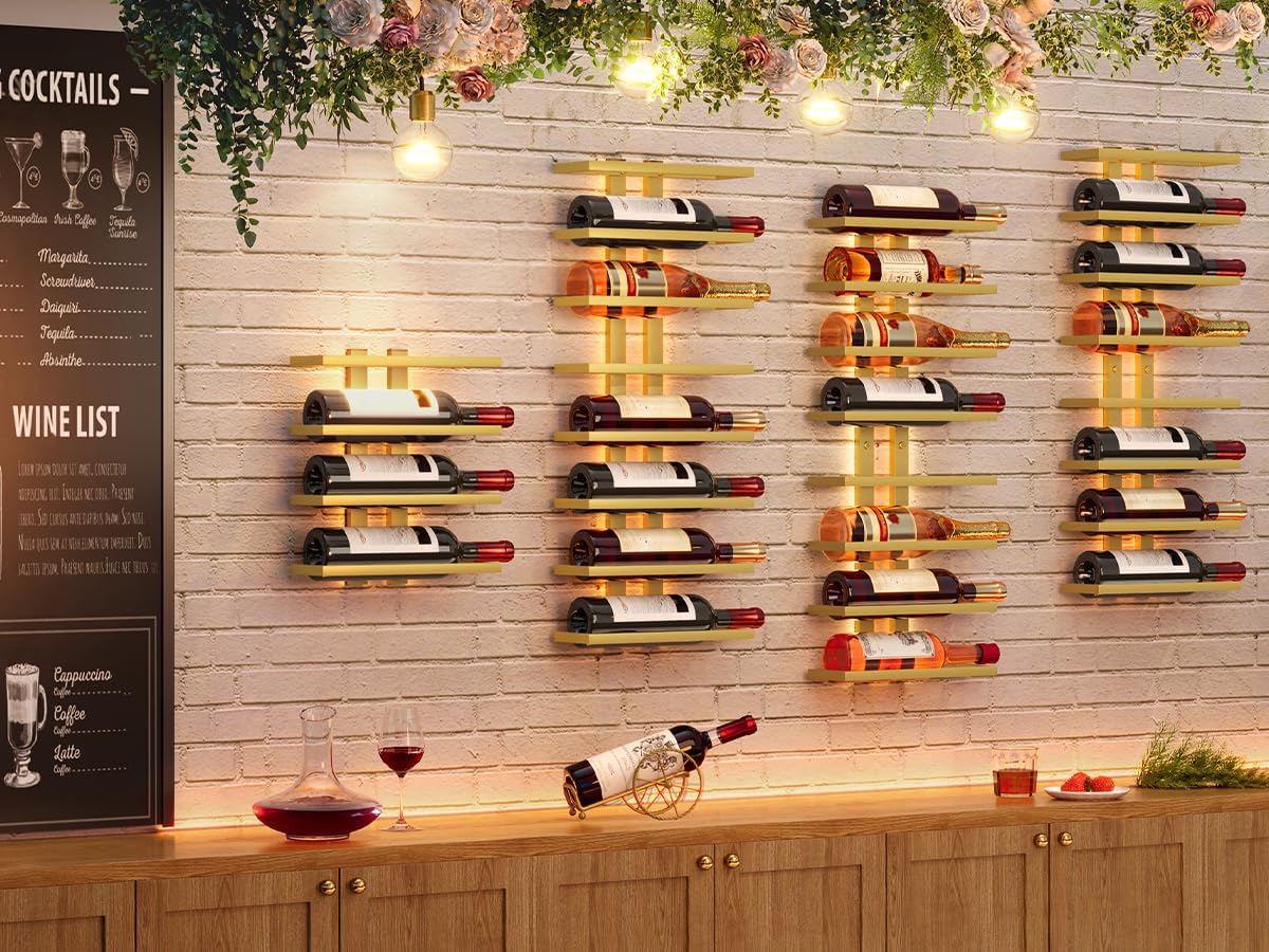 Hoctieon 8 Tier Wall Mount Wine Rack, Wall Racks for Wine Bottles Display and Storage, Hanging Bottle Organizer for Living Room, Dining Room, Wine Cellar, Bar, Gold