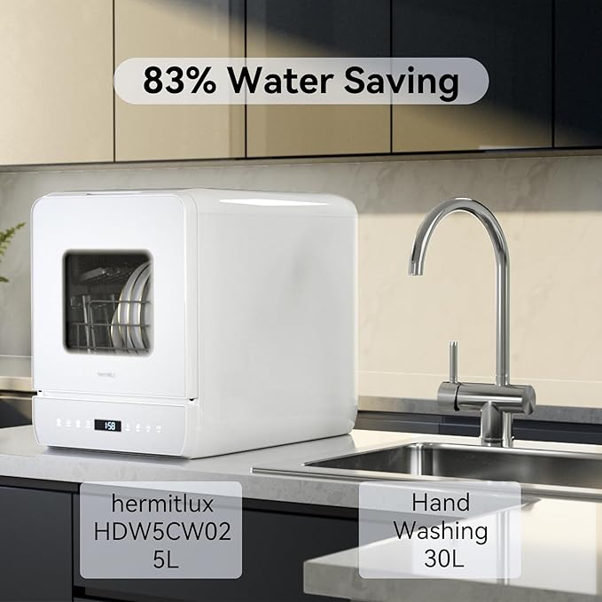 Hermitlux Countertop Dishwasher, 6 Wash Programs Slim Size Portable Dishwasher