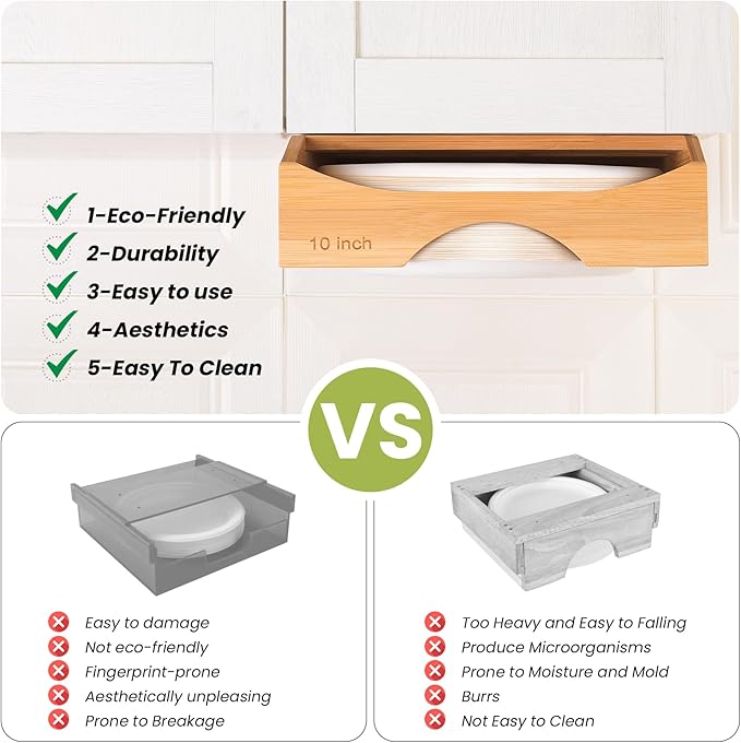10-inch Paper Plate Dispenser Under Cabinet, Bamboo Paper Plate Holders, Kitchen Counter Vertical Plate Dispensers Holders Countertop Caddy(For 10-inch Plates, Bamboo)