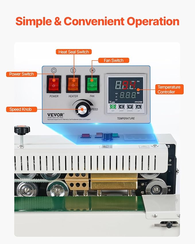 VEVOR Continuous Bag Band Sealing Machine, 0.24-0.47 in/6-12 mm Seal Width, Horizontal Band Sealer Machine with Digital Temperature Control, Carbon Steel Bag Sealer for 0.02-0.8 mm Plastic Bags Films