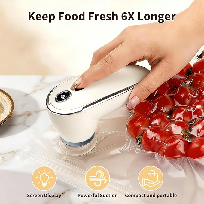 Compact Vacuum Sealer Machine for Food with 10 Reusable Vacuum Bags, Seal Food 5X Fresh Longer, Handheld Portable Rechargeable Wireless for Food Storage