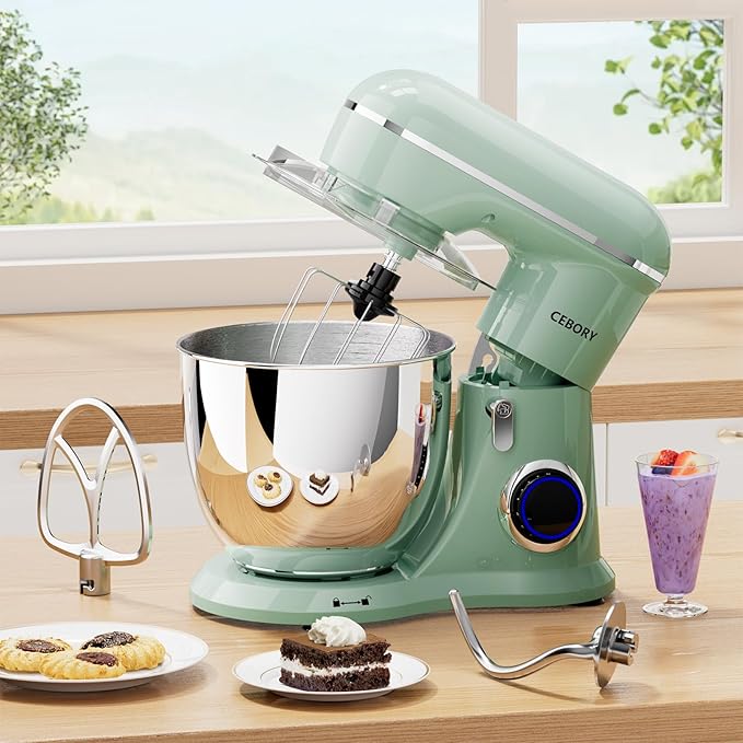 CEBORY 3-IN-1 Electric Stand Mixer, 6.5QT Bowl 660W 10-Speed Kitchen Mixer, Household Food Mixers include Dough Hook, Beater and Whisk, Bread Cake Mixer for Baking and Most Home Cooks, Agave Green