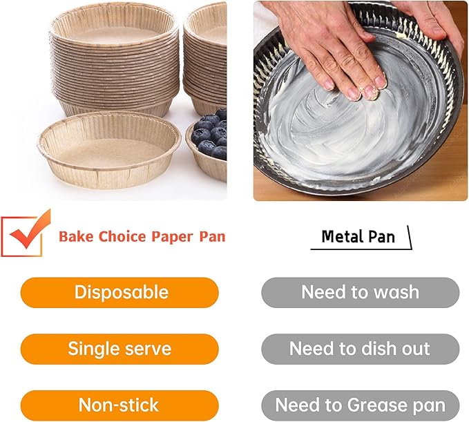 Bake Choice 50pcs Paper Mini Tart Pans for Baking, mini pie tins 4Inch Mini Pie Pans, Non-stick, Unbleached, Disposable Quiche Baking Dish,Oven safe, Microwave safe
