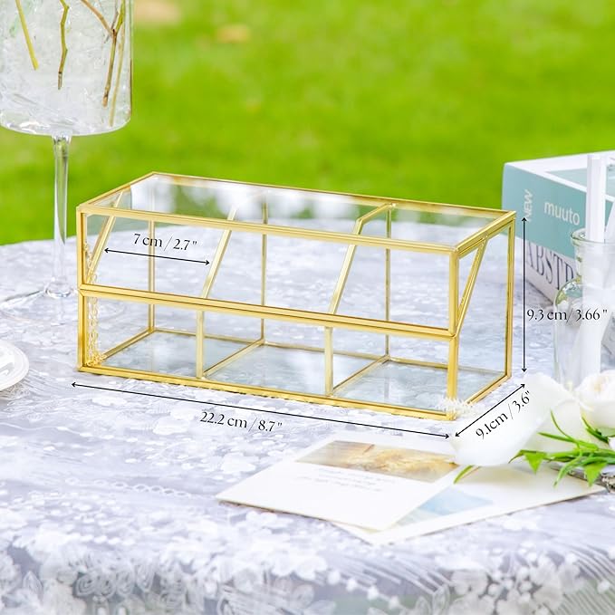 NCYP Glass Tea Bags Organizer with Lid, Small 3 Slots Teabag Storage Box, Indoor Counter Teabag Display Case, Kitchen Cabinet Gold Decor, 8.7 x 3.6 x 3.66 Inches (Glass Box Only)
