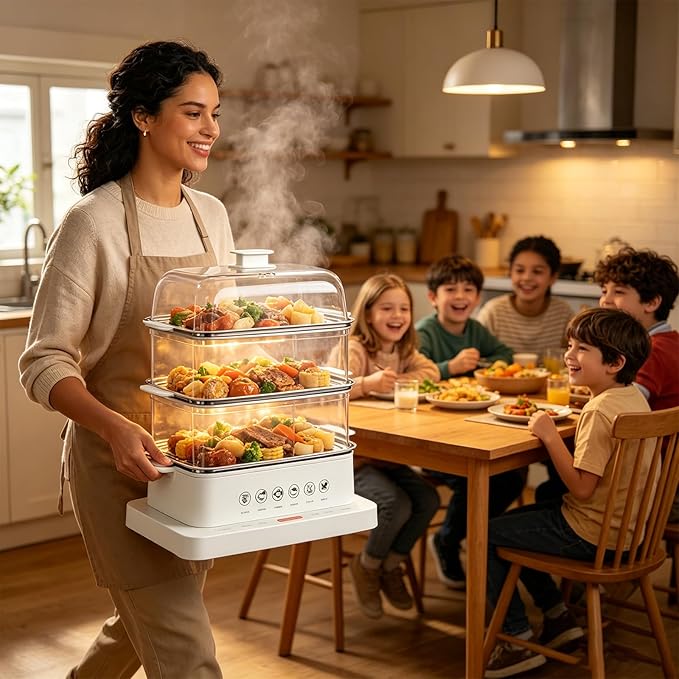 Electric Food Steamer, 32L 3-Tier Square Steamer, Food-Grade & Dishwasher-Safe, Juice Tray, 6 Preset Programs for Meat/Fish/Seafood/Grains, 10s 3D Steam, 12H Delay Start, Baby Food Steamer Pot