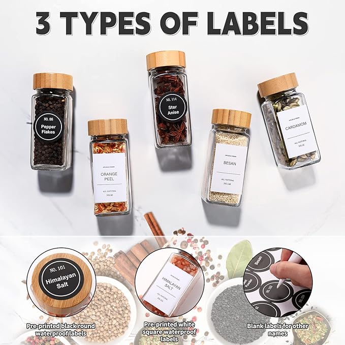 DWTS DANWEITESI 36 Pcs Glass Spice Jars - 4oz With Bamboo Lids, Empty Bottles With Labels, Kitchen Spice Jars With Shaker Lids