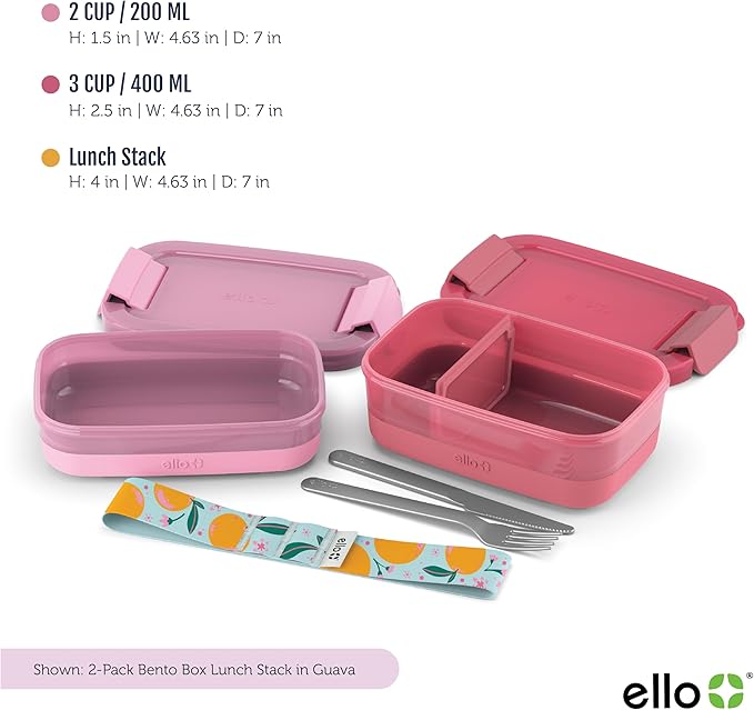 Ello 2-Pack Lunch Stack Plastic Food Storage Container Bento Box with Airtight, Leak-Proof Locking Plastic Lids and Silicone Base, BPA-Free, Freezer, Microwave, and Dishwasher Safe, Guava