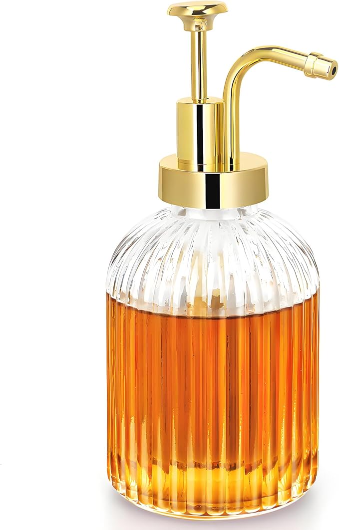 TIWPAJS Glass Coffee Syrup Dispenser 10oz, Syrup Bottles with Ribbed Design, Gold Syrup Pump, Coffee Bar Accessories, Honey Dispenser