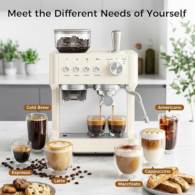 Kndko Espresso Machine with Grinder, 20 Bar Espresso Coffee Machines with Milk Frother Steam Wand, Espresso Maker for Latte, Cappuccino, Hot/Cold Brew, White