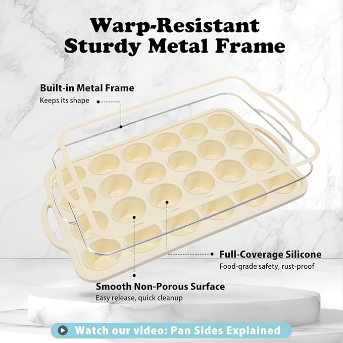 Silicone Mini Muffin Pan with Frame: Nonstick 24 Muffin Tins for Easy Release Baking Egg Bites & Small Cups English mcmuffin - 2-Pack BPA Free Cupcake Pan Oven Safe Molds for Family and Home Bakers
