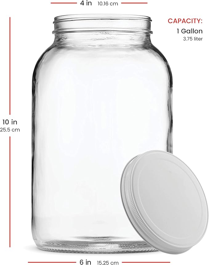 1 Gallon Glass Jar With Lid – 2 Pack Large Glass Jar With Airtight Metal Lids - USDA Approved BPA-Free Dishwasher Safe, Wide Mouth Sun Tea Jar, Gallon Mason Jar for Storage, Fermenting, And Brewing