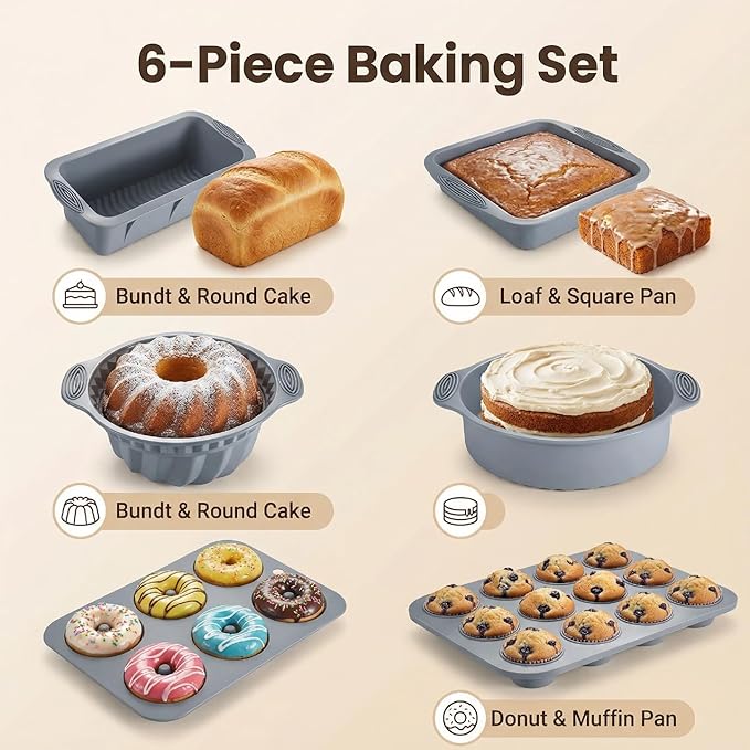 Nonstick Silicone Bakeware Set, 6 set Baking Cake Pan, Economical BPA Free Heat Resistant Bakeware Tools for DIY Loaf Bread Cheesecake Pizza Cupcake Muffin (Gray)
