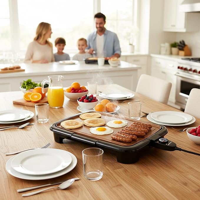 OVENTE Electric Griddle with 16 x 10 Inch Flat Non-Stick Cooking Surface, Removable and Adjustable Temperature Control, Indoor Grill for Instant Breakfast, Pancakes, Eggs or Burgers, Copper GD1610CO
