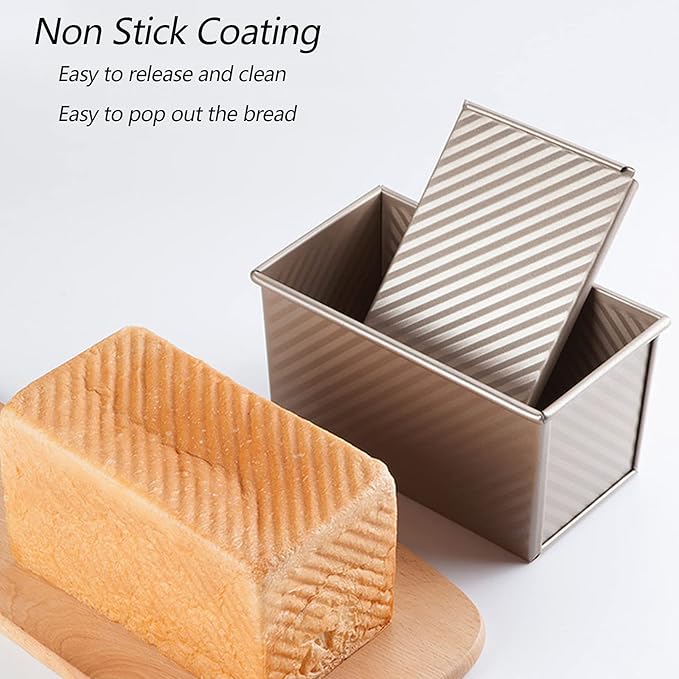 Pullman Loaf Pan with Lid, Aluminized Steel 1 Lb Nonstick Sandwich Bread Pan for Homemade Bread, 8.4x4.8 Inch Professional Rectangular Loaf Pan with Dough Scraper and Cutter