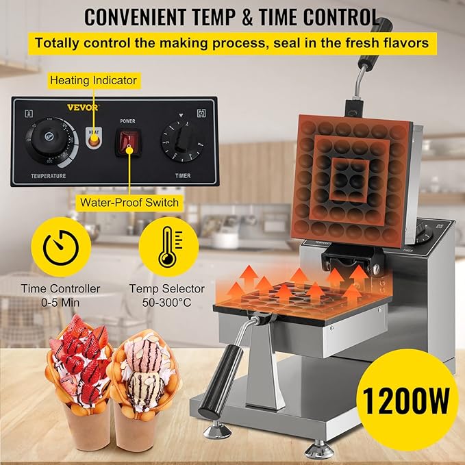 VEVOR Commercial Bubble Waffle Maker, 8" Square Mould, 1200W Egg Bubble Puff Iron w/ 360°Rotatable 2 Pans & Bent Handles, Stainless Steel Baker w/Non-Stick Teflon Coating, 50-300℃/122-572℉ Adjustable