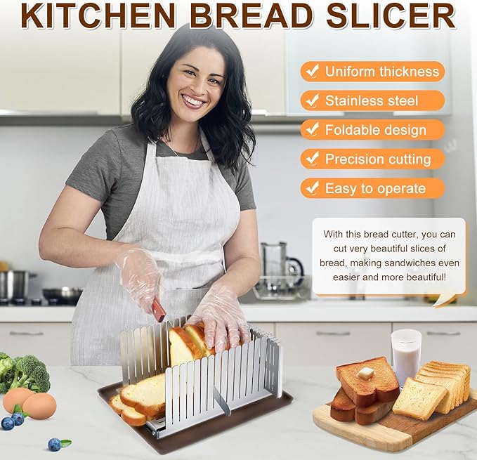 Stainless steel Bread Slicer for Homemade Bread,Adjustable Width,Foldable Compact,Bread Slicing Guide,Bread Loaf Slicer,for Cakes,Bagels,slice is 0.5",Bread width: 5.5"-8.3" (Gray)