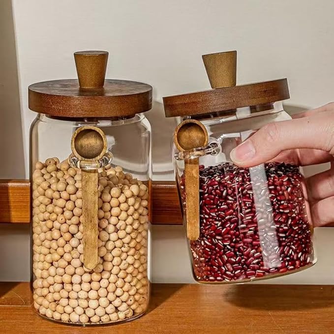 ANSQU Glass Jars with Wooden Lids and Spoons (13.5oz/20.3oz/27oz), Set of 3 Glass Food Storage Containers Coffee Jar Coffee Grounds Container, Glass Food Storage Canisters