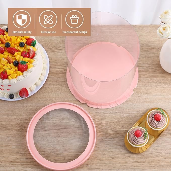 JCD Pink Multi-Layer 10 * 10 Inch Round Clear Cake Boxs with Ribbon,6 Pack Tall Transparent Packaging Cake Containers PET Cake Carrier Box for Birthday (Pink, Round 10inch/6pcs)