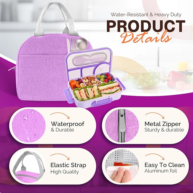 EASYFUN Bento Lunch Box Set Bento Box, 4-Compartment Lunch Containers,High Capacity Lunch Tote Bags for Work, Travel, Outdoor (Purple)