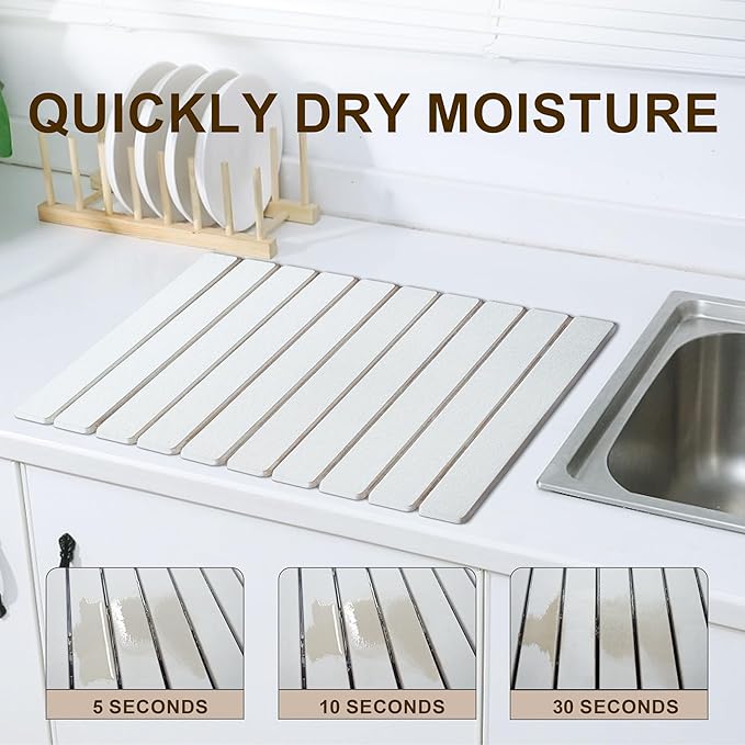 Large Stone Dish Drying Mat for Kitchen Counter, 24"×16" Quick Dry Collapsible Diatomaceous Earth Mat – Super Absorbent Foldable Drying Pad for Dishes (White, 23.2" x 15.4")