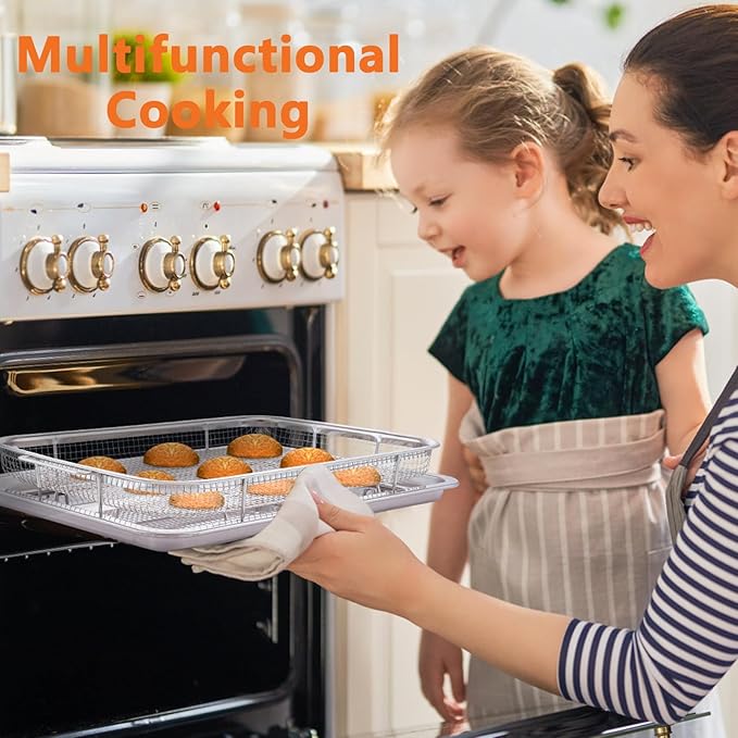 Air Fryer Basket for Oven, 2 Set Oven Air Fryer Basket and Tray with 60 PCS Parchment Papers, Stainless Steel Air Fryers Pan and Crisper Tray for for Baking Cooking and Frying(15.6"X11.6" & 13"X9.7")