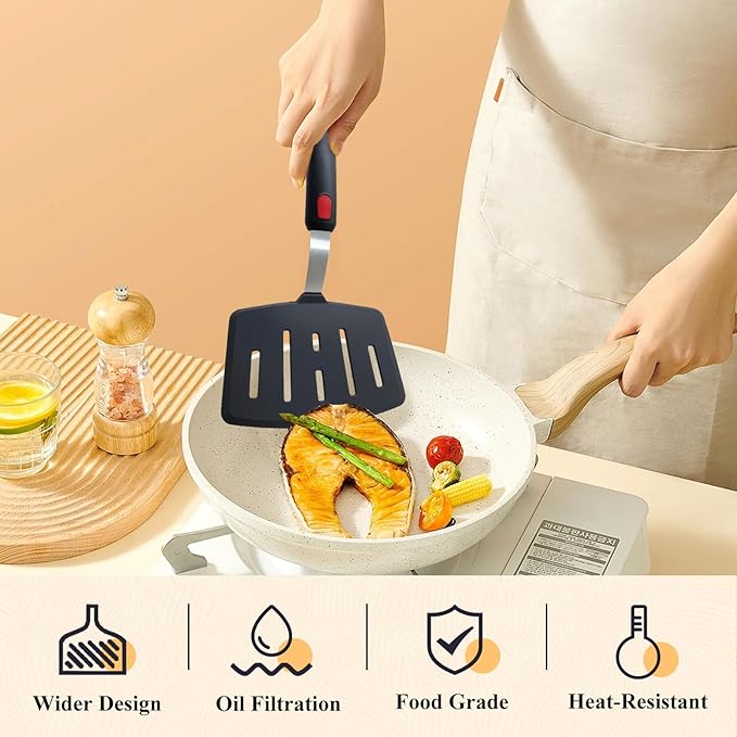 Silicone Spatula Turner Set of 2, Heat Resistant Pancake Spatulas for Nonstick Cookware Pan, Wide Slotted Cooking Spatula for Omelette Egg Fish, Thin Flexible for Kitchen Use, Dishwasher Safe, Black