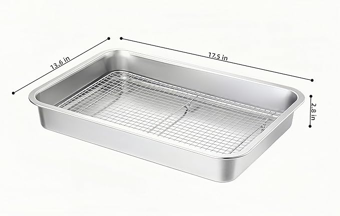 Stainless Steel Sturdy Roasting Pan with Cooling Rack – Oven, Toaster & Grill Safe, Deep Edge, Smooth Finish, Dishwasher Safe – Perfect for Turkey, Chicken, BBQ (17.5x13.6x2.8in)