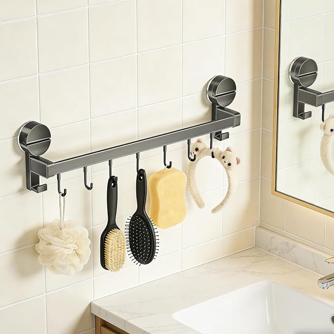 Wall Mounted Utensil Hook Rack with 8 Hooks, No Drill Installation, Space Gray Finish, Kitchen Organizer for Coats, Bags, and Accessories，Suction Cup Storage (1Pack)