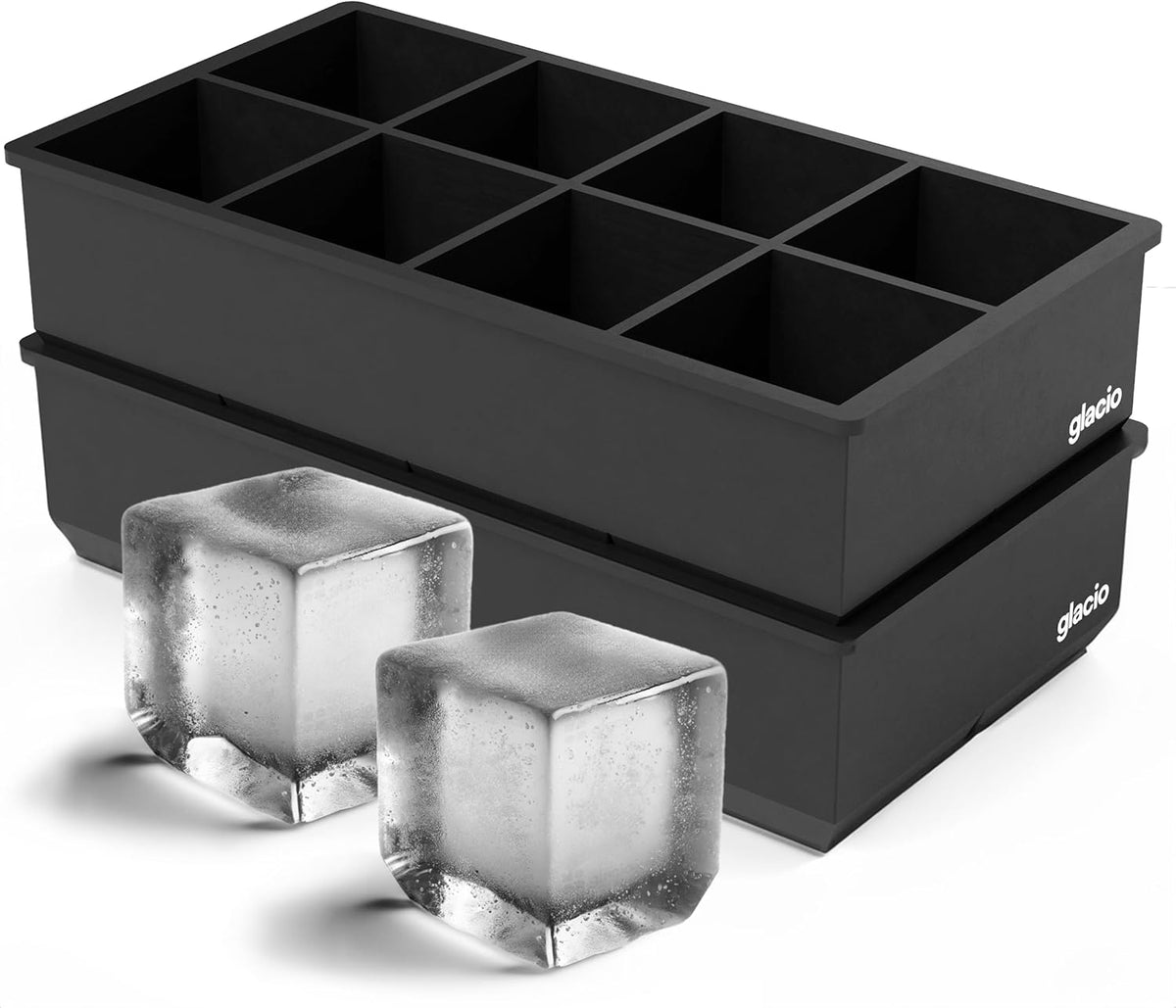 glacio Ice Cube Molds – 2-Pack Silicone Trays for 8 Large Square Cubes – Slow-Melt Ice for Whiskey, Cocktails, Coffee & More
